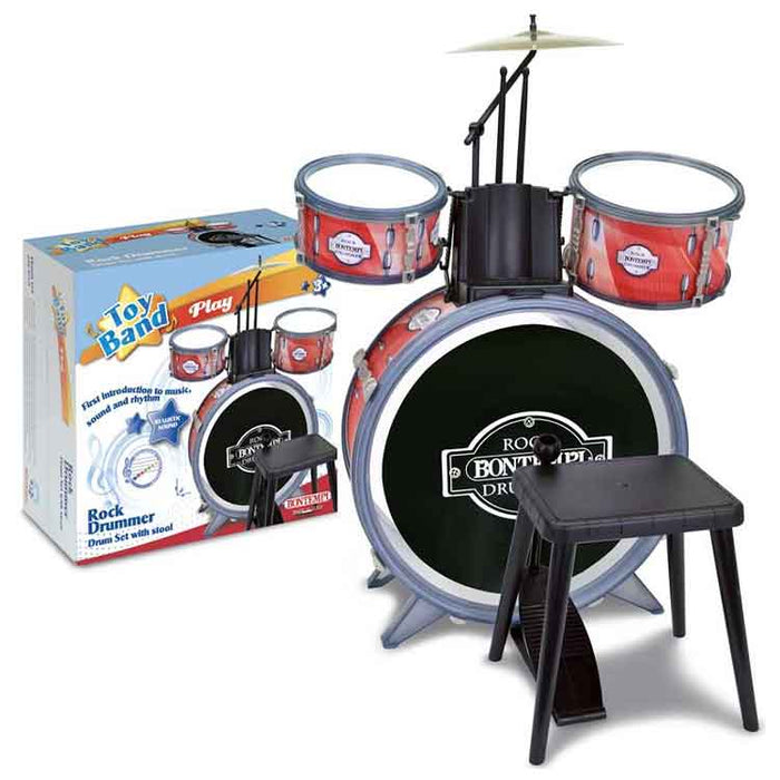 Bontempi Drum Set 4 Pcs With Stool - Black Bass Drum 385mm